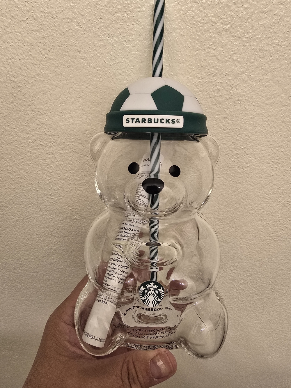 NWT Starbucks 2026 LATAM Bearista Glass Tumbler With Soccer Ball Lid/Hat